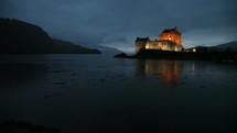 a castle in the rain at night in Scotland 