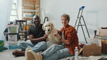 Happy diverse couple smiling and posing on camera with cute golden retriever dog in living room with paint buckets and boxes during home renovation. Video portrait, zoom shot
