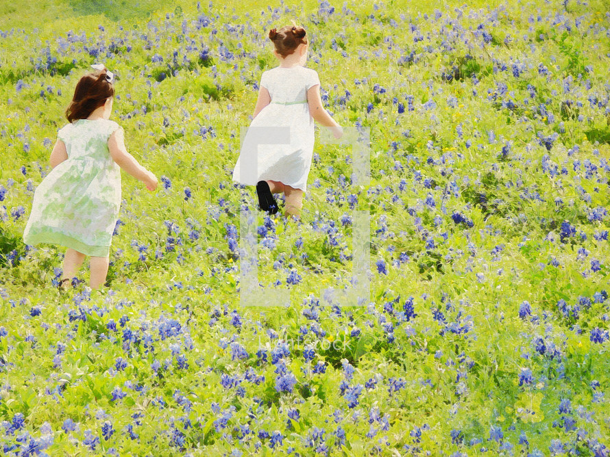 girls running in a field of bluebonnets with art effect