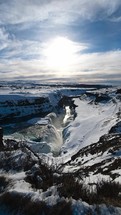 Waterfall And Torrent At Distant Mountains In Iceland Panoramic View