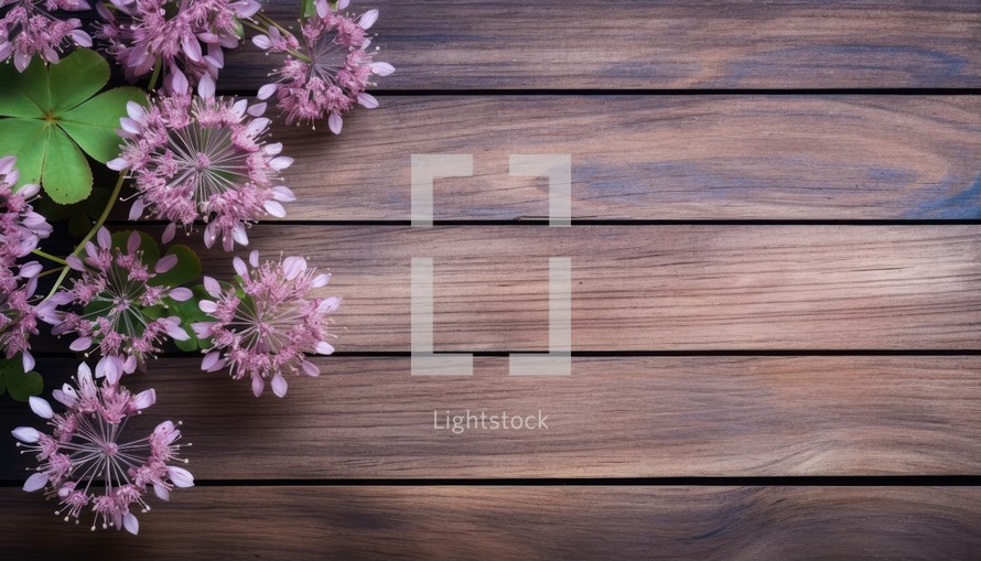 Clover flowers on wooden background. Top view with copy space.