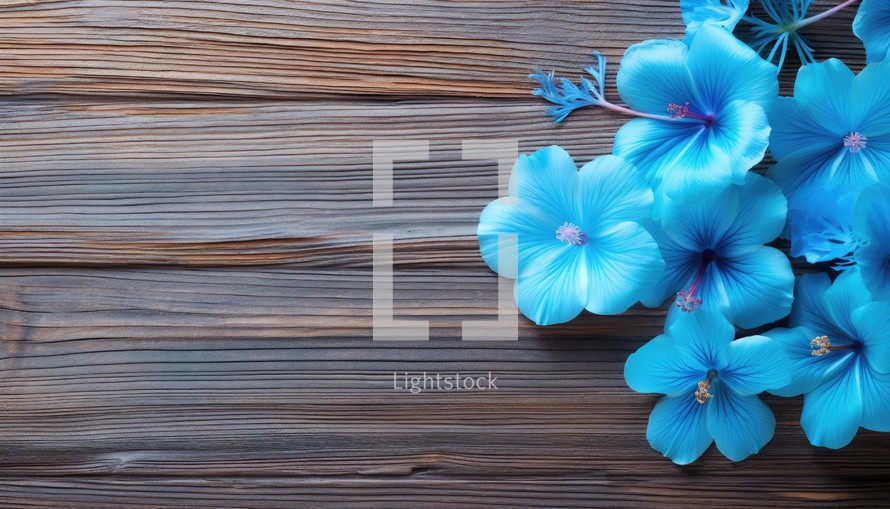 Beautiful blue hibiscus flowers on a wooden background.