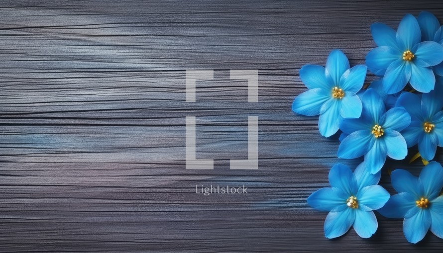 Blue crocus flowers on a wooden background. Top view with copy space.