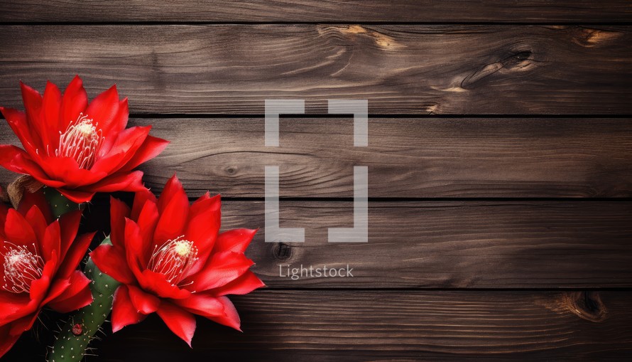 Red cactus flowers on wooden background with copy space for text.