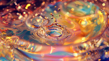 A splash of rainbow water drops in a liquid sea of rainbow colors. 