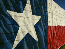 Texas flag mural painted on a brick wall.
