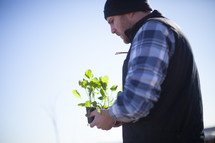A man in winter clothes holds a green plant for planting.