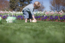 Young boy gathering Easter eggs in a garden of flowers