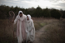 Joseph and Mary walking towards Bethlehem 