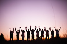 raised hands, praise, silhouettes, group, people, row, standing, field, outdoors 