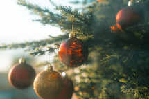 Christmas tree decorations, red shiny bauble, decorative ball, festive holidays