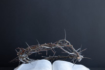 Crown of thorns on open bible with black background