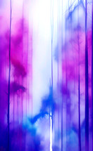 watercolor abstract suggesting woods or forest, in magenta, blue, purple, white, created with A.I. input