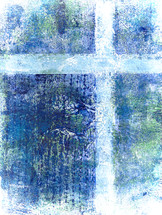 blue cross with greens, painted printmaking textures