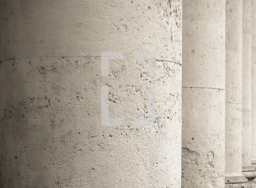 closely cropped cylindrical columns with rough, weathered surface and a touch of sepia tint