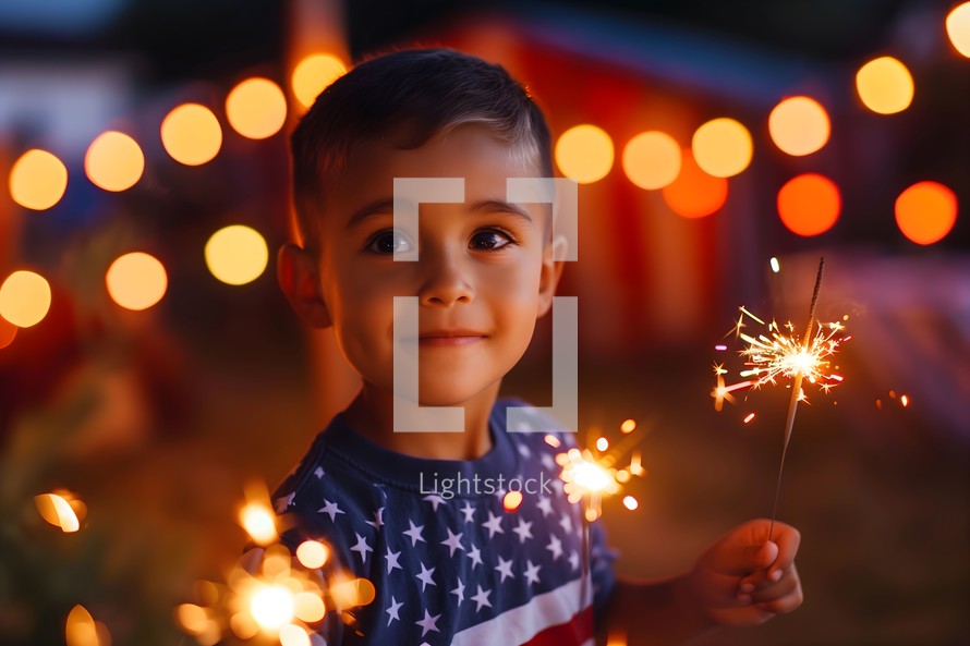 Boy holding sparkles on 4th of July celebration