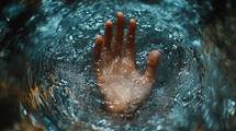 A hand reaching out from the water awaiting rescue