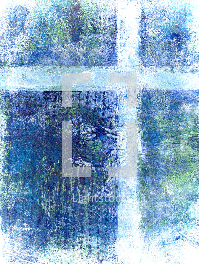 blue cross with greens, painted printmaking textures