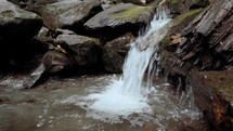 Mountain stream flows down among stones in spring forest