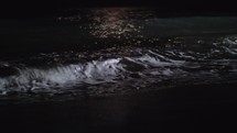 Night scene of the sea at night. Foamy waves washing the shore