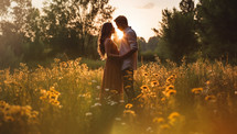 A maternity couple standing on a green and blooming meadow on the edge of a forest during sunset.