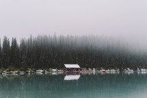 snow falling over Lake Louise 