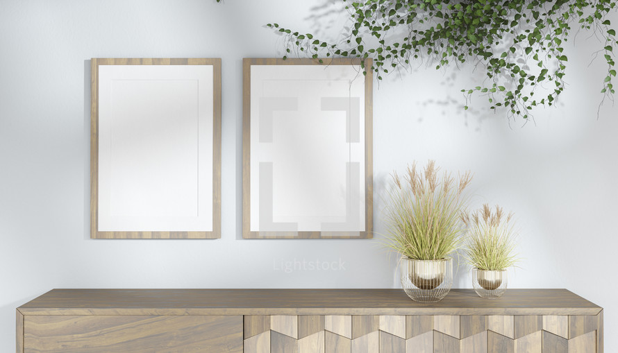 Product placement concept. Mockup or copy space for media presentation. Wooden landscape frame on grey background