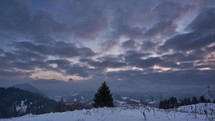 Winter landscape at sunset, dusk, colorful sky , timelapse