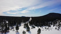 Drone flying over a desolate road surrounded by trees and snow.