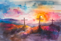 Water color painting of the crucifixion on the hill of Golgotha at Sunset