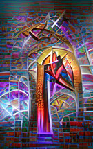 abstract church window mosaic wall with crosses, created with AI input and further editing