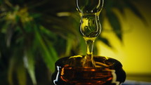 CBD glass bottle, hemp leaves on dark backdrop.Hemp extract.Alternative medicine