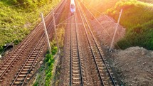 Rail transportation. Train on railway in motion. Traveling on Passenger train on railway. High speed train. 