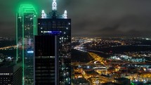aerial view over Downtown Dallas at night 
