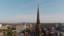 Aerial view of Coventry Cathedral ruins and the city of Coventry in the Midlands, United Kingdom. 