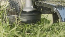 Slow motion of a string trimmer cutting weeds and grass in a garden