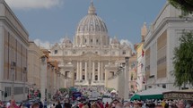 Saint Peter Basilica in the Vatican, the church of the Pope, from Via della Conciliazione, a street within Rome, Italy. It connects Castel Sant'Angelo to the Saint Peter's Square