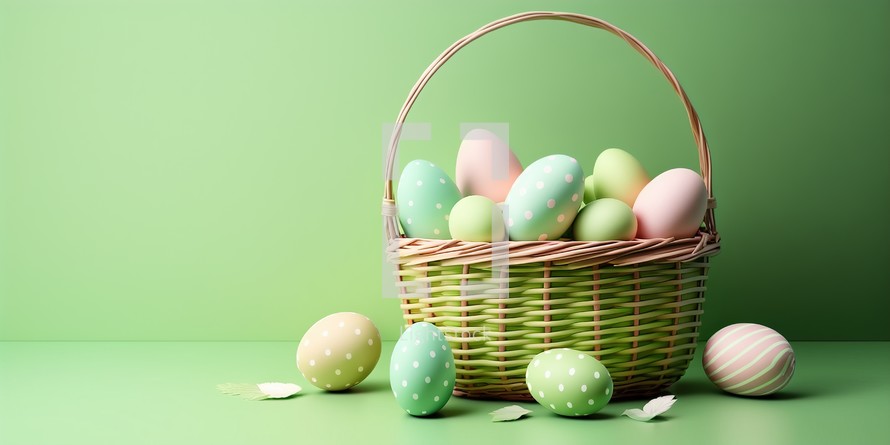 Easter eggs in a wicker basket on green background with copy space.
