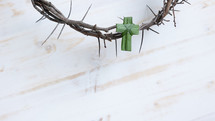 crown of thorns and palm cross on a white wood background 
