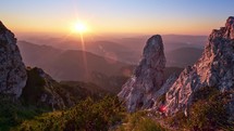 Mountain Panorama at Sunset in the Summer Clear Sky Sharp Rocks in Te Rays of the Sun