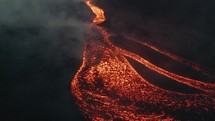 Drone aerial, lava rivers from Pacaya volcano eruption in Guatemala	