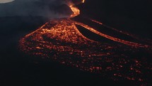 Lava rivers from Pacaya volcano eruption in Guatemala - Drone aerial	