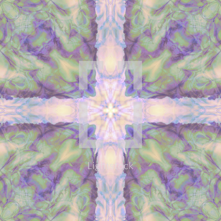 cross in tie dyed effect centered in square format, in subdued colors like a faded retro design