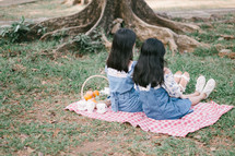 girls sitting on a picnic blanket 
