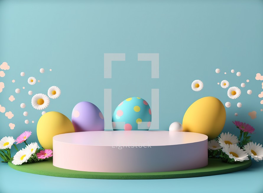 3D rendering of Easter platform, eggs, and flowers. 