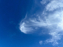 wide shot of blue sky and white clouds with the appearance of an abstract lion's head or blowing wind