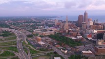Aerial View of Cleveland, Ohio Sunny Day Drone Shot of Cuyahoga River and Innerbelt Bridge in 4K	