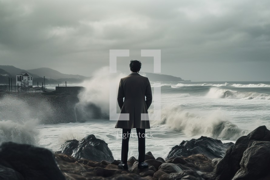 Man Standing Facing Ocean Waves