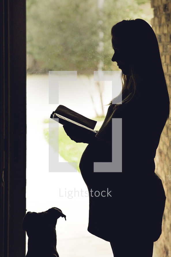 silhouette of pregnant woman reading a Bible and a dog 