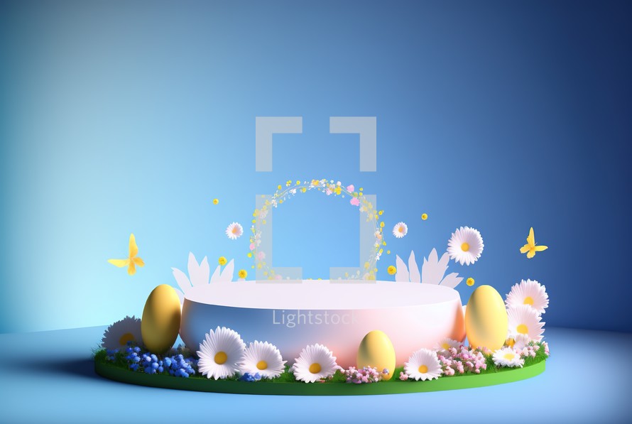 3D illustration of an Easter stage with eggs, butterflies, and flowers